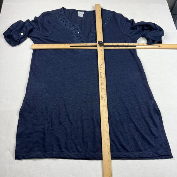 Chicos Linen Knit Tunic Top Navy Blue 3/4 Sleeve Embroidered Sequin Boho 0 SMALL - Picture 6 of 11